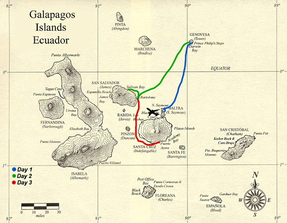 Map showing our overnight sailing from Baltra to Santa Cruz.