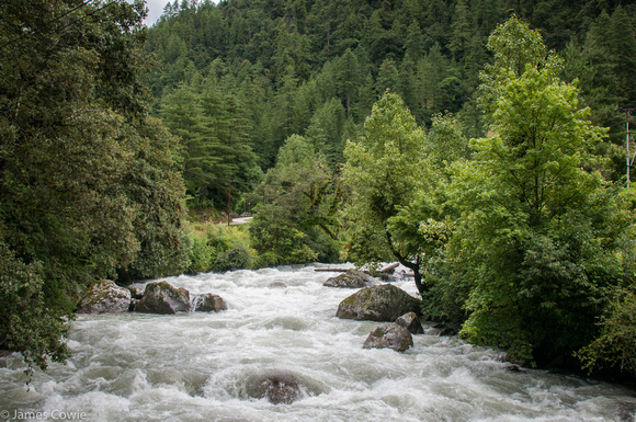 The fast flowing river. Hydro electric is Bhutan's #1 export.