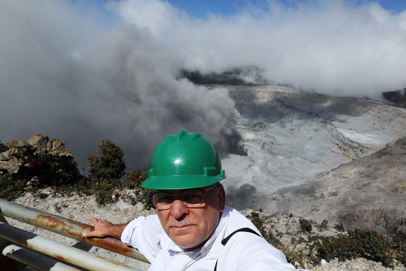A selfie with mandatory helmets during the 10 minute stay at the erupting Poas Volcano